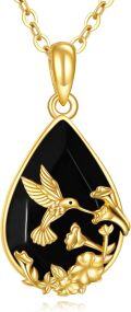 wholesale 14K Gold Solid 14K Gold Black Onyx Hummingbird Flower Pendant Gothic Necklace-0-0