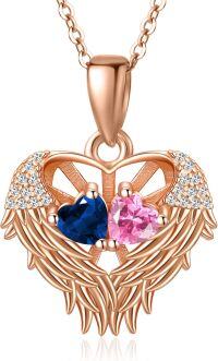 wholesale Sterling Silver 2 Birthstones Angel Wings Necklace for Women-09-10-Sept-Oct
