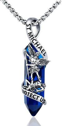 wholesale 925 Sterling Silver Blue Quartz Saint Michael Angel Protect Us Pendant Necklace  for Men-Blue