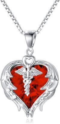 wholesale Sterling Silver Austrian Crystal Caduceus Angel Wing Heart Nurse Necklace-Ruby Red