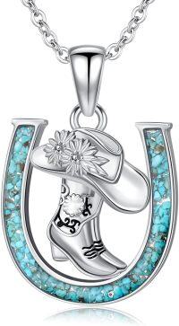 wholesale 925 Sterling Silver 925 Turquoise Inlay Cowboy Boot Horseshoe Pendant Necklace for Women & Girls - Country Western Style Jewelry-Cowboy Boot