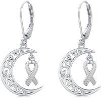 wholesale  Sterling Silver Cancer Awareness Ribbon Moon Dangle Leverback Earrings for Women Survivor Jewelry -White