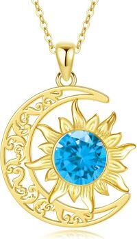 wholesale 18K Gold Plated Natural Gemstone Crescent Necklace for Women Moon Sun Pendant Gift for Her-Sky Blue
