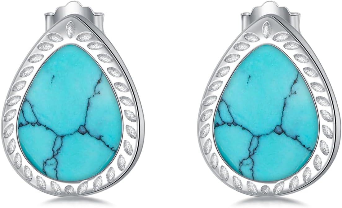 925 Sterling Silver Natural Turquoise Tear Drop Stud Earrings-0-0