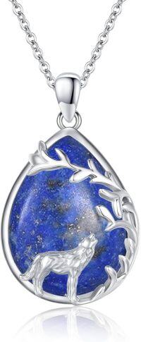 wholesale Sterling Silver Moonstone Celtic Wolf Necklace Crescent Moon Wolf Pendant-Teardrop Wolf Lapis Lazuli