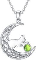 wholesale Sterling Silver Birthstone Cat in Moon Pendant Necklace for Women-0-0