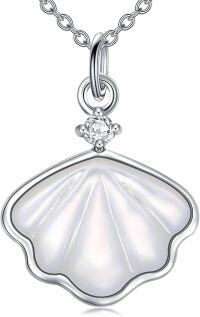 wholesale 925 Sterling Silver Gold Plated Shell Shape Mother-of-Pearl & Cubic Zirconia Pendant Necklace - 3/4 (19mm) Width-White Gold