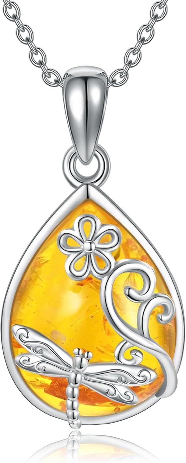Sterling Silver Amber Pendant Necklace w Bee Dragonfly Hummingbird-0-1