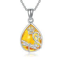 wholesale 925 Sterling Silver Teardrop Amber Pendant with Flower and Dragonfly Design-Dragonfly