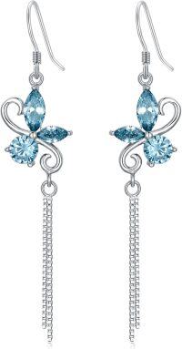 wholesale 925 Sterling Silver Birthstone Butterfly Dangle Earrings for Women-03 Mar - Created Aquamarine