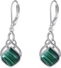 wholesale Sterling Silver Nature Stone Celtic Knot Leverback Dangle Earrings for Women Girls-Malachite irish earrings