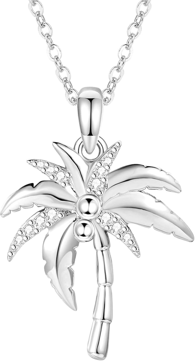 wholesale 925 Sterling Silver Coconut Palm Tree Pendant Necklace with CZ Stones and Chain 24-0-0