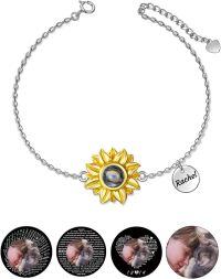 wholesale 925 Sterling Silver Personalized Photo Charm Bracelet with Custom Name and Date - Adjustable Chain Gift for Women & Mom-Sunflower Bracelet + Photo