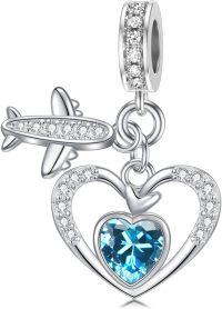 wholesale 925 Sterling Silver Birthstone Heart Charm with Airplane Charms for Anklets Women Mom Lover-03-March-Blue