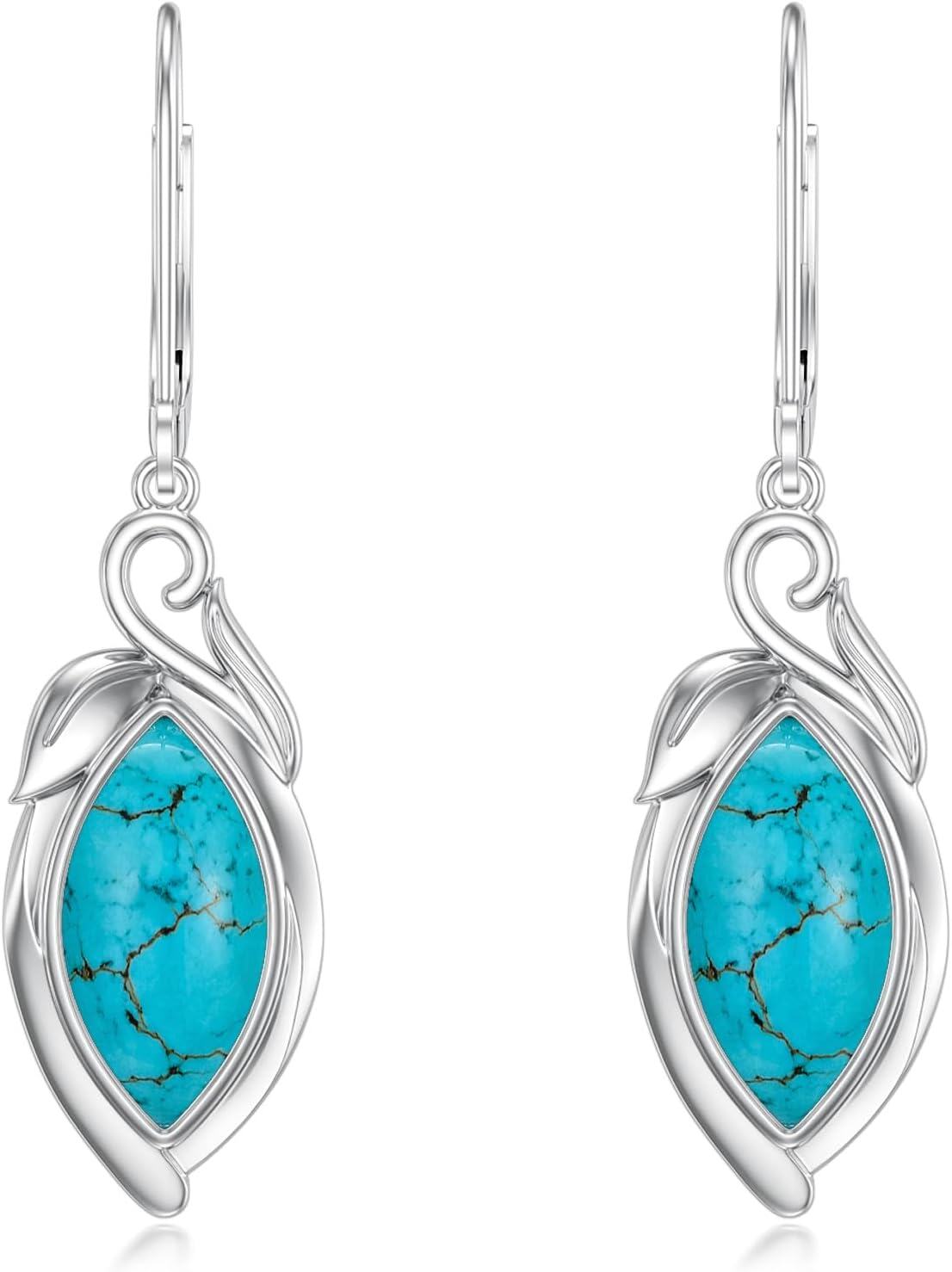 Sterling Silver Green Turquoise Marquise Leaf Leverback Dangle Earrings-Marquise-2