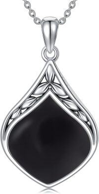 wholesale Sterling Silver Natural Gemstone Teardrop Pendant Necklace-Black Onyx