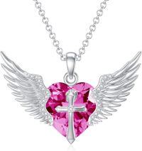wholesale 925 Sterling Silver Gold Plated Angel Wings Necklace with Cross Birthstone Valentine s Gift-10-Oct-Pink White Gold