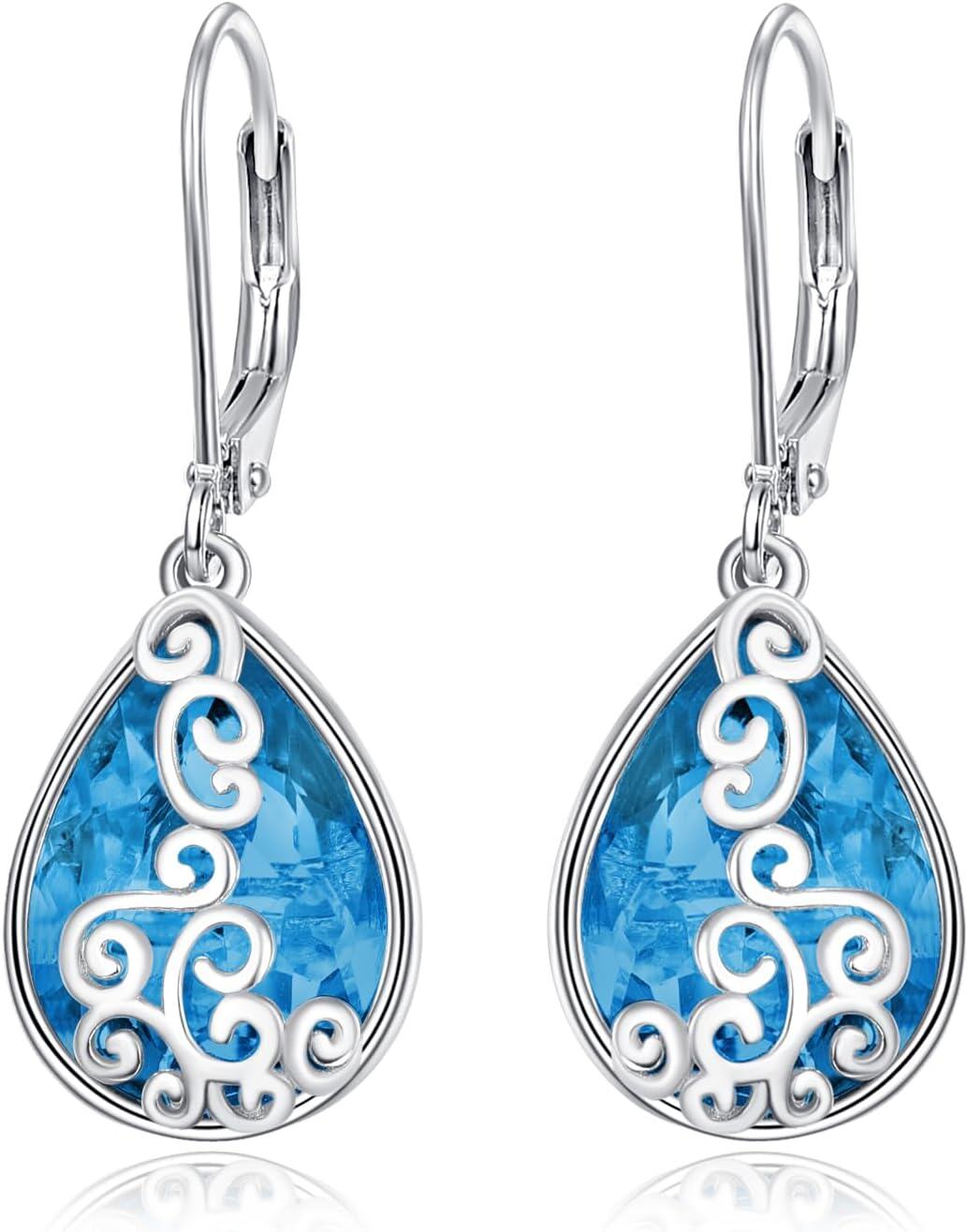 Sterling Silver Birthstone Teardrop Leverback Dangle Earrings-blue topaz