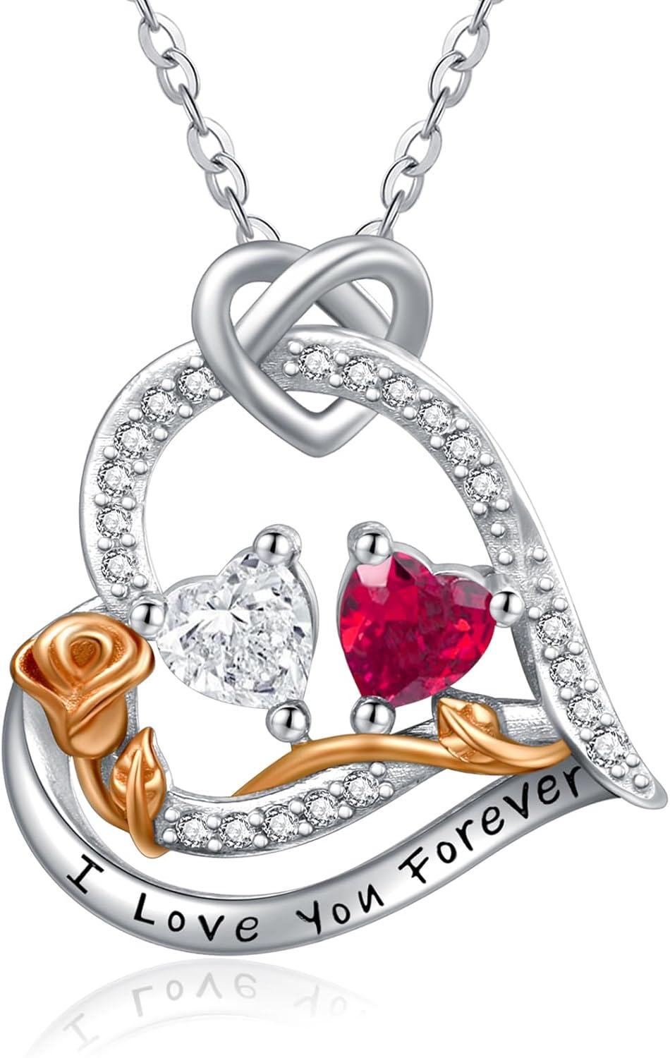  Sterling Silver 2 Birthstones Rose Heart Necklace for Women -04-07-Apr-Jul
