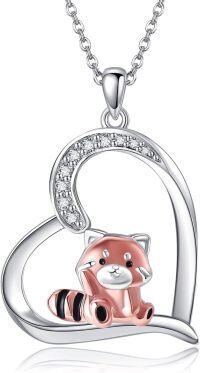 wholesale 925 Sterling Silver Red Panda in Heart Shape Pendant Necklace with Cubic Zirconia Stones s for Women Girls-Red Panda