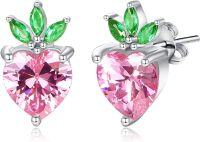 wholesale 925 Sterling Silver Pink Heart-Shaped Crystal Crown Stud Earrings for Women Gift Ideas-Strawberry Pink