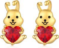 wholesale Gold 925 Sterling Silver Red Heart Crystal Bunny Stud Earrings for Women and Girls-Gold Plated