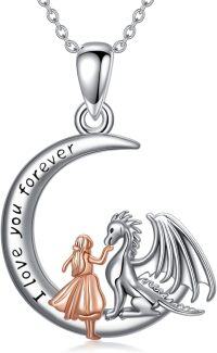 wholesale 925 Sterling Silver Moonstone Pendant with Dragon and Girl Charm Necklace for Women Girls  48cm Chain Length-Dragon -