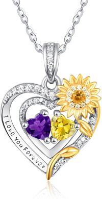 wholesale Sterling Silver 2 Birthstones Sunflower Heart Necklace for Women-02-11-Feb-Nov