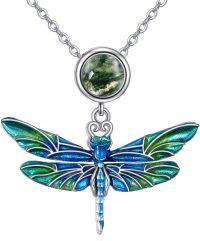 wholesale 925 Sterling Silver Blue Green Enamel Dragonfly & Moss Agate Pendant Necklace-Dragonfly