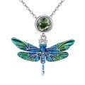 wholesale 925 Sterling Silver Blue Green Enamel Dragonfly & Moss Agate Pendant Necklace-0-0