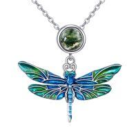 wholesale 925 Sterling Silver Blue Green Enamel Dragonfly & Moss Agate Pendant Necklace-Dragonfly