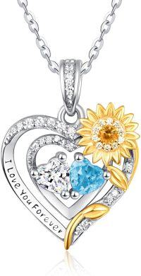 wholesale Sterling Silver 2 Birthstones Sunflower Heart Necklace for Women-03-04-Mar-Apr