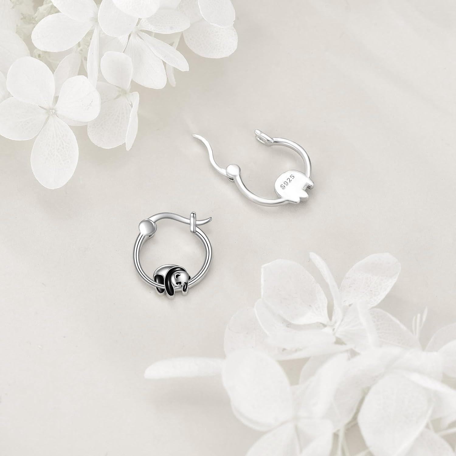wholesale 925 Sterling Silver Black Enamel Panda Charm Huggie Hoop Earrings for Women-0-2