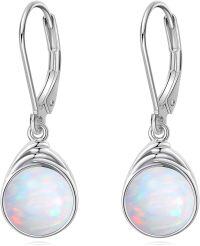 wholesale Sterling Silver Moonstone Turquoise Larimar Moss Agate White Opal Rose Quartz Labradorite Lapis Lazuli Black Agate Leverback Earrings-White Opal