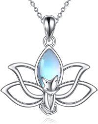 wholesale 925 Sterling Silver Lotus Flower Pendant with Blue Opal and Animal Charms Necklace for Women Girls  48cm Chain Length-FOX MOONSTONE