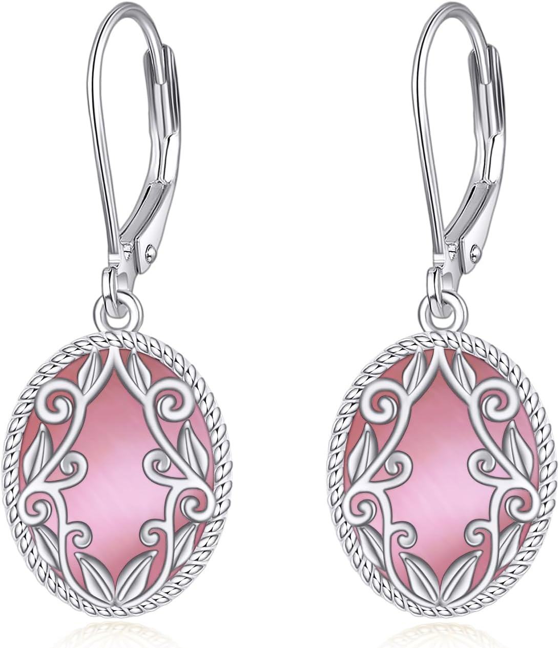Sterling Silver Celtic Teardrop Filigree Earrings Jewelry Gifts for Women-Pink Oval Earrings