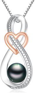 wholesale 925 Sterling Silver & Tahitian Black Pearl Infinity Heart Pendant Necklace, Rose Gold Plated, 18 Chain w/ Extender, Gift Box-0-0
