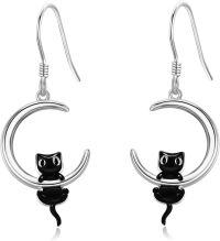 wholesale 925 Sterling Silver Black Cat Moon Drop Earrings for Women-Cat