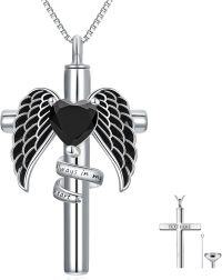 wholesale Sterling Silver Birthstone Angel Wing Cross Rose Heart Cremation Urn Necklace for Women with Funnel Kit ( chars)-Cross Non-personalized 13-Black Onyx-Cross Personalized 13-Black Onyx