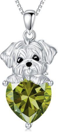 wholesale 925 Sterling Silver & Peridot Dog Heart Birthstone Necklace - August Birthstone Gift for Women, 18+2 Chain, 0.94 Pendant-August - Peridot