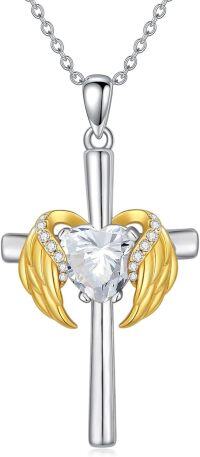 wholesale  Metal Cubic Zirconia Angel Wing Cross Necklace with Heart Birthstone 0 06cttw -04.Crystal-Apr