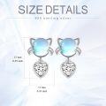 wholesale Sterling Silver Moonstone Cat Heart Stud Earrings, Cubic Zircon Dangle Drop for Sensitive Ears, Cute Gift for Cat Lovers-0-3