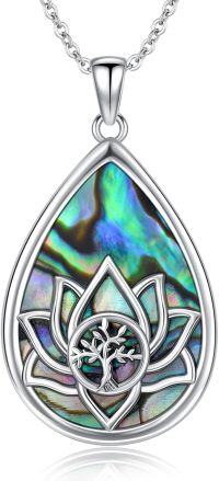 wholesale 925 Sterling Silver Teardrop Abalone Shell Lotus Tree of Life Pendant Necklace-Tree of life