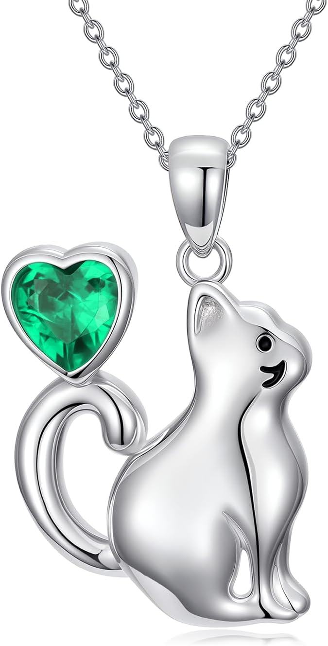 925 Sterling Silver Birthstone Cat Pendant Necklace for Women-0-0