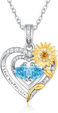 wholesale Sterling Silver 2 Birthstones Sunflower Heart Necklace for Women-03-03-Mar-Mar