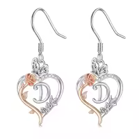 TOUPOP Sterling Silver Rose Heart Butterfly Initial D Letter Drop Dangle Earrings-undefined