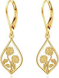 wholesale 10K Gold Sunflower Drop Leverback Earrings - Fine for Her-Sunflower earrings