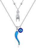 wholesale 925 Sterling Silver Blue Opal Evil Eye Hand & Horn Pendant Necklace-0-0