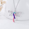 wholesale Sterling Silver & Enamel Thyroid Cancer Awareness Necklace - Pink Blue Purple Ribbon Dragonfly Pendant with 18 Chain, Hypoallergenic Gift-0-1