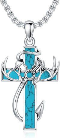 wholesale Sterling Silver Deer Antler Cross Necklace for Men Hunting Jewelry Gift-2-06-Turquoise